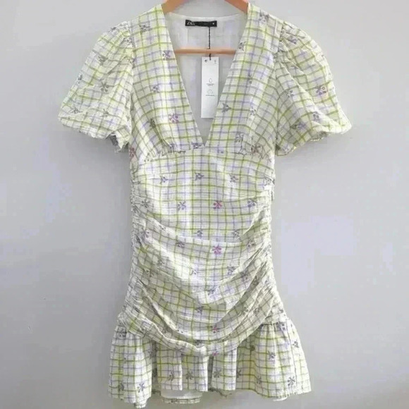 ZARA | White/Purple/Green Spring Gingham Puff Sleeve Checkered  Draped M… - Picture 1 of 4